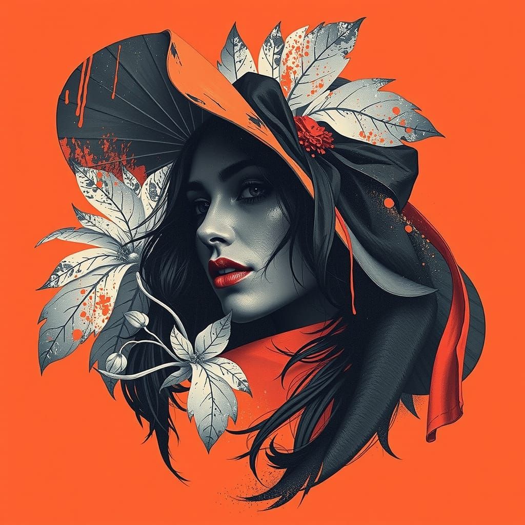 Black and White Portrait of Woman in Artistic Hat with Crims...