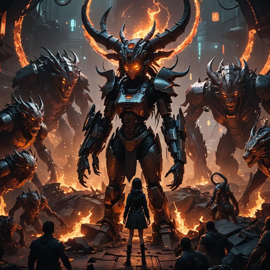 Cyberpunk Girl Surrounded by Demons in Fire Pit