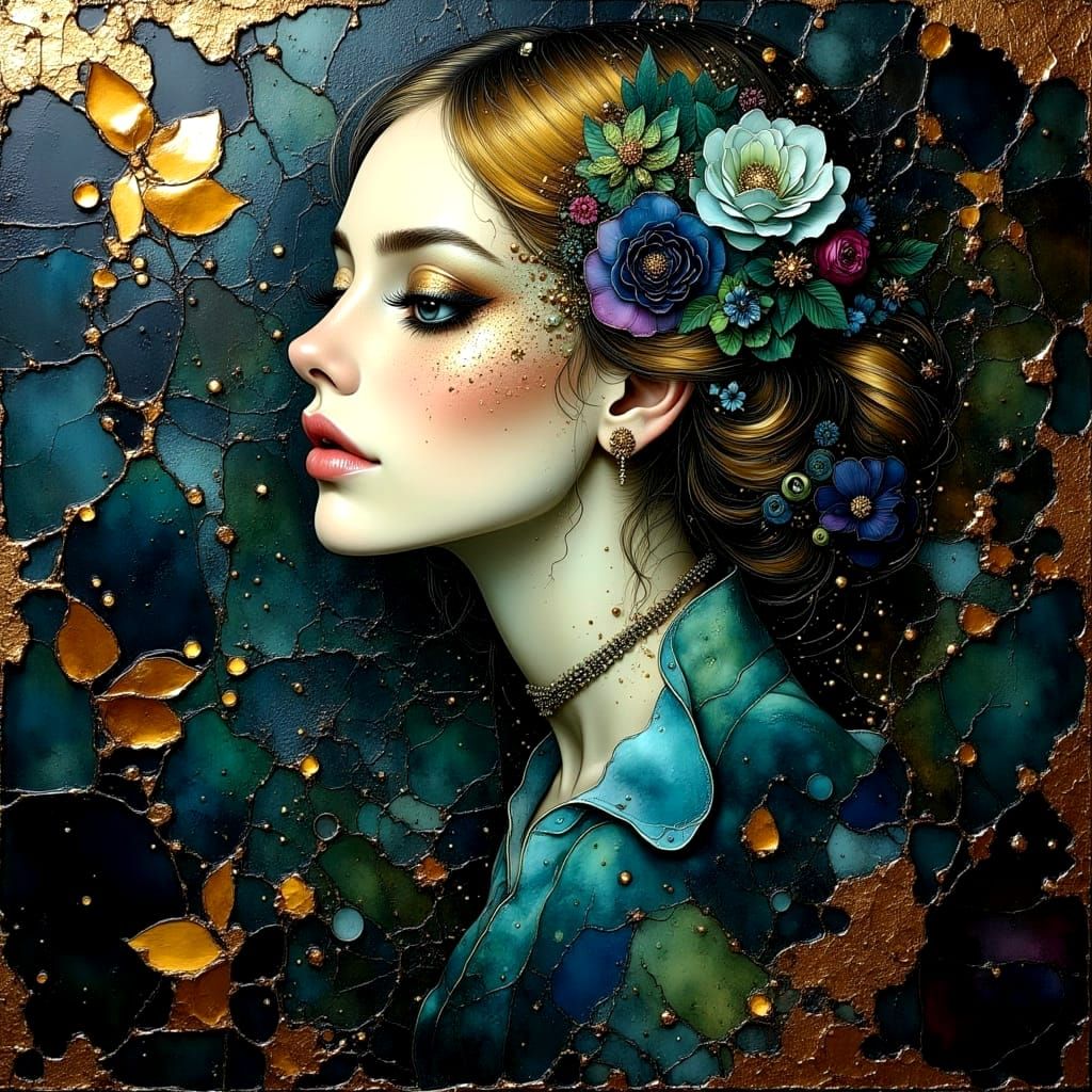 Stylish Woman with Gold Leaf in Impasto Oil Glaze