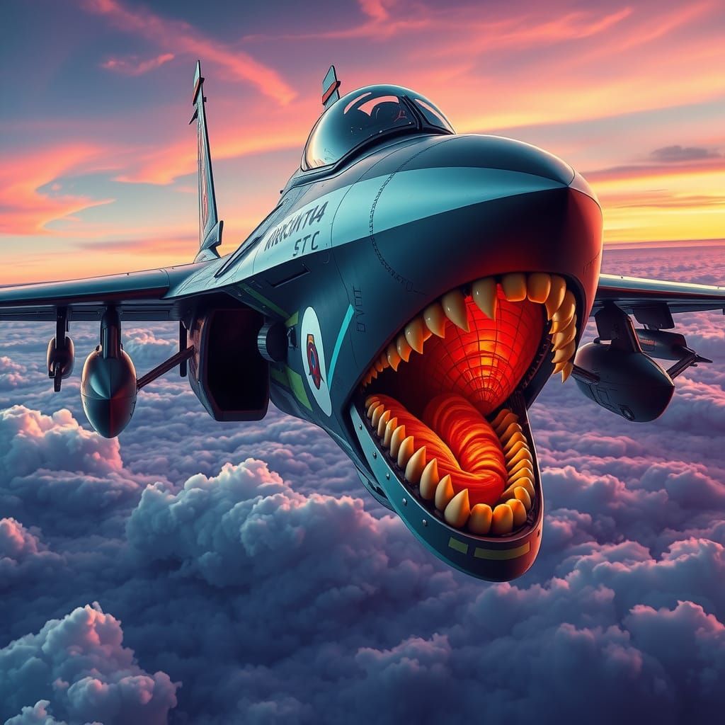 Kaleidoscopic Mosaic Fighter Jet with Monstrous Mouth