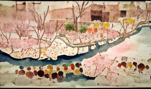 Kanda River Cherry Blossoms in Naive Art Style