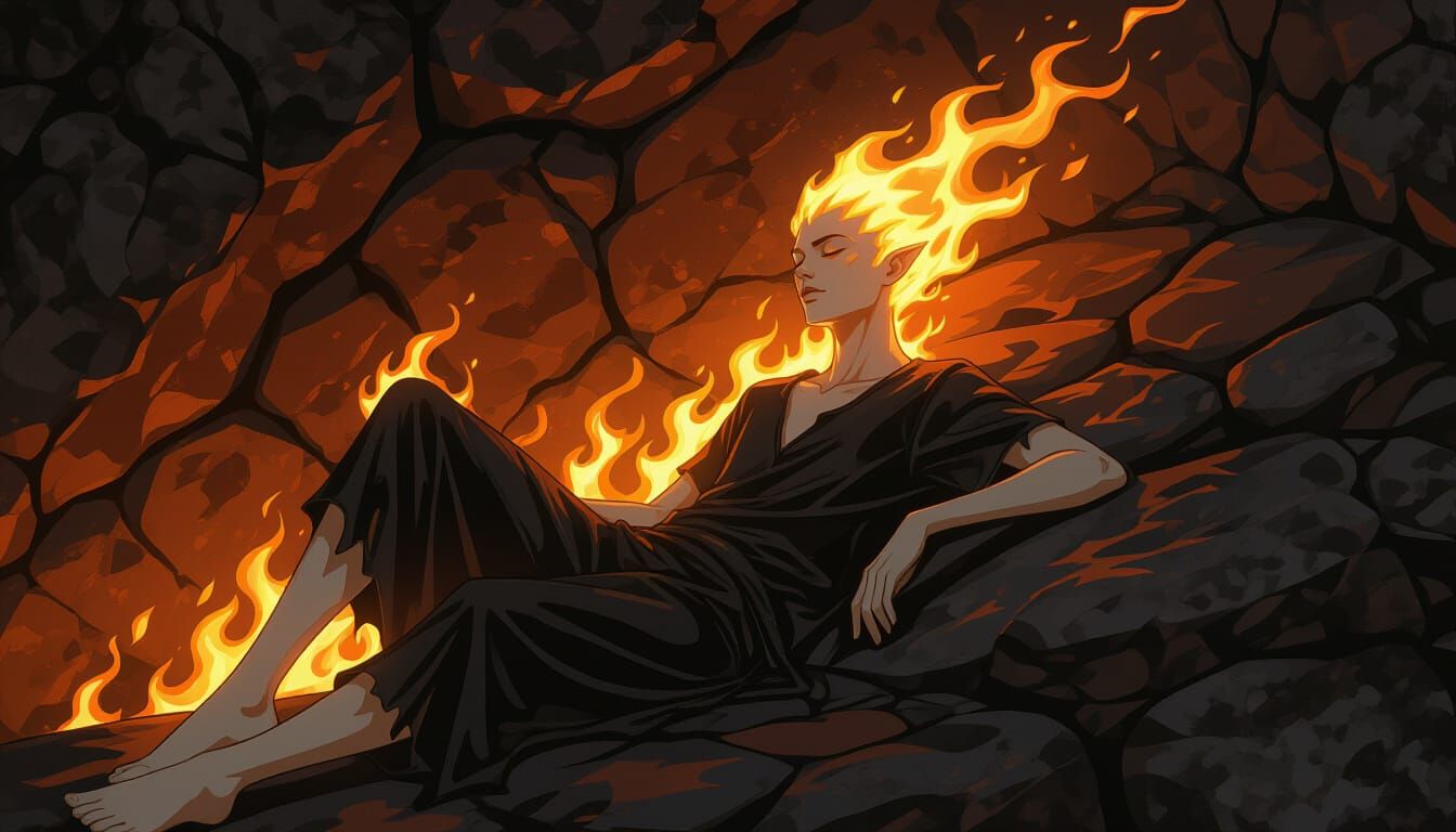 Androgynous Flame Figure in Fiery Aesthetic