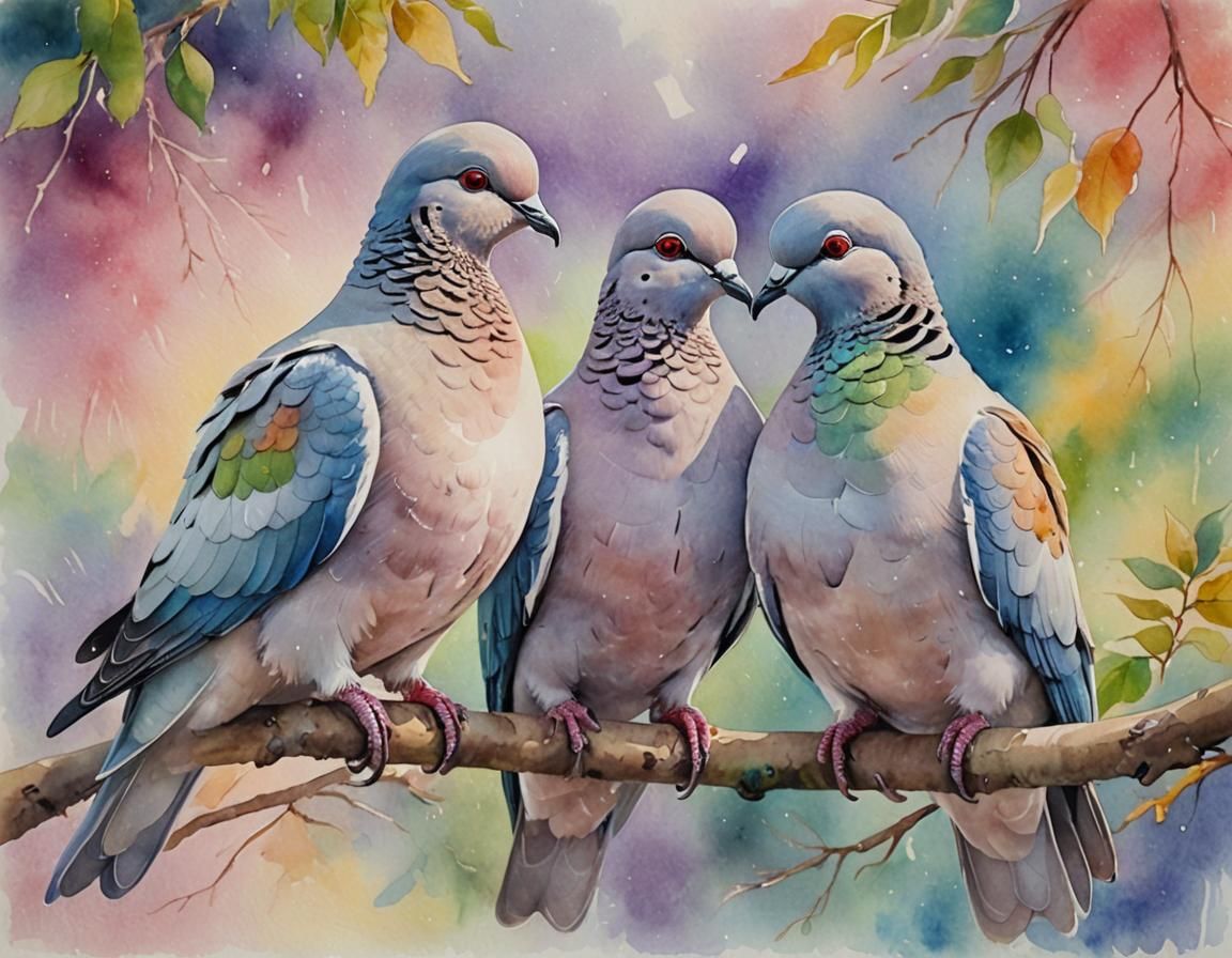 Doves Preening: A Fauvist Watercolour Portrait