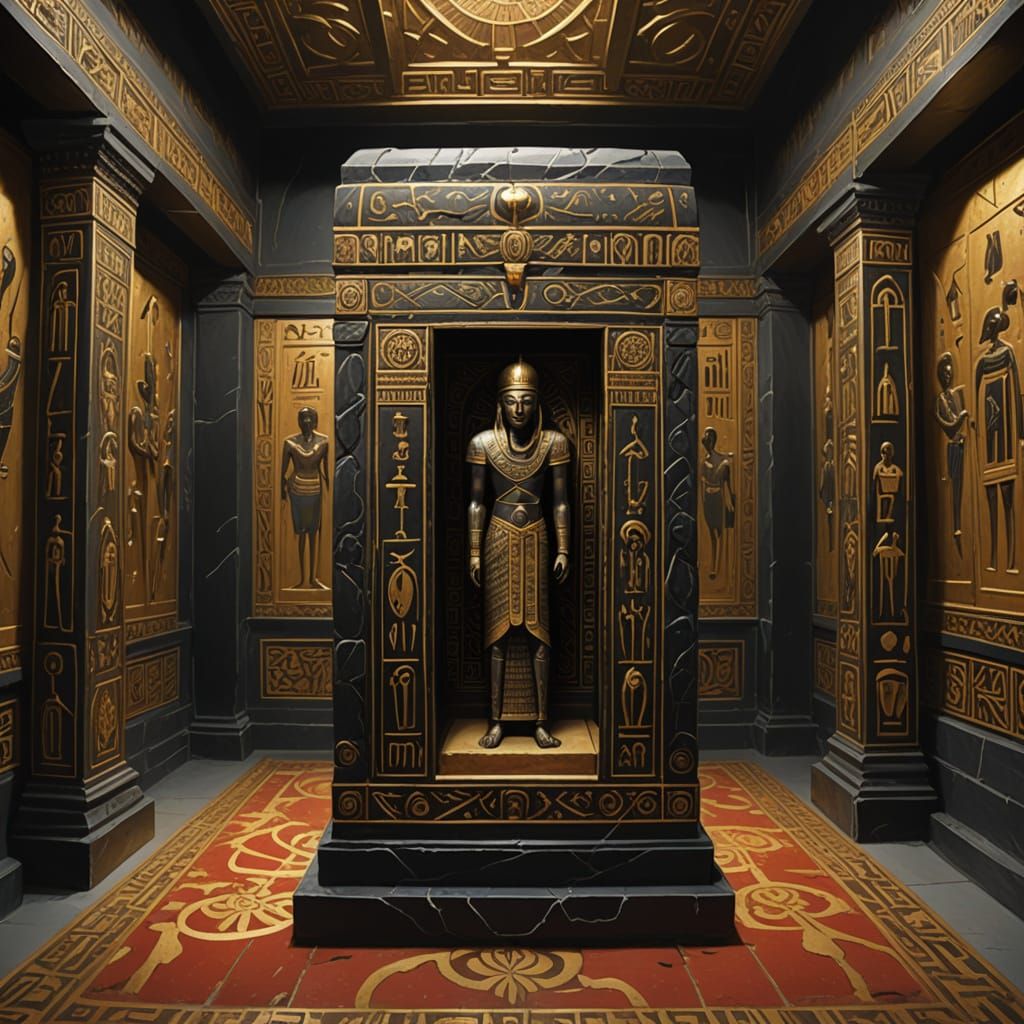 Nubian Sarcophagus in Opulent Tomb, Gouache Masterpiece
