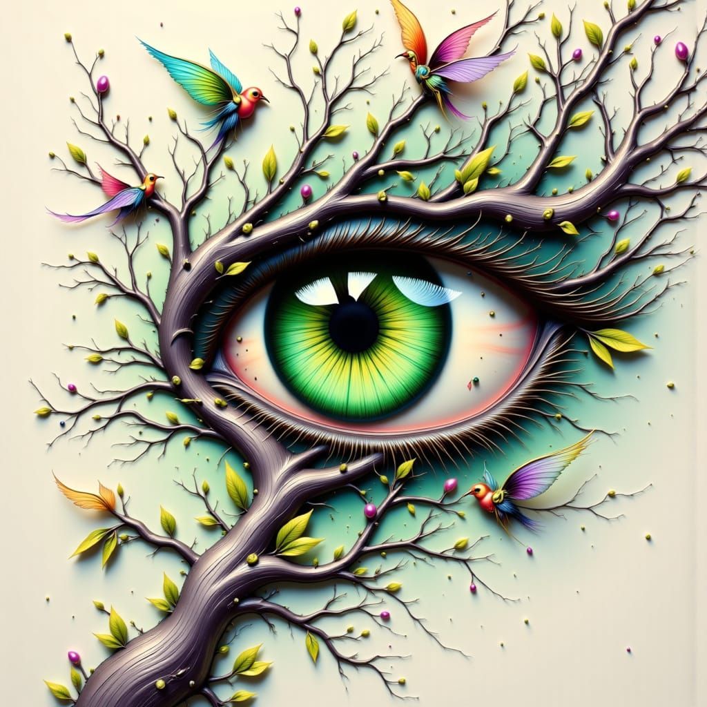 Hypnotic Eye Becomes Tree Branches in Whimsical Style