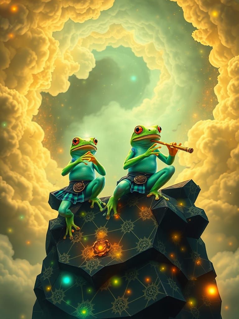 Bioluminescent Frogs Play Flutes in Mystical Cloud Vortex