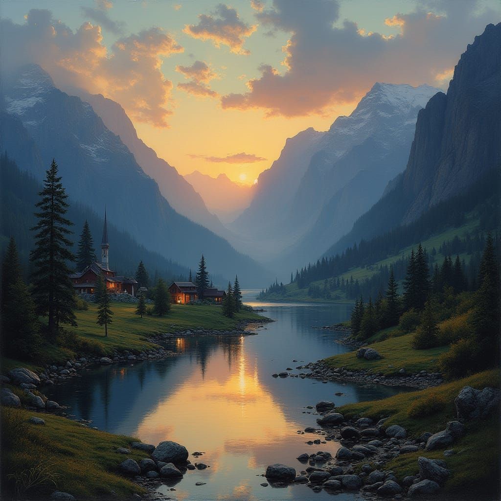 Serene Village at Sunset in Bierstadt-Inspired Landscape