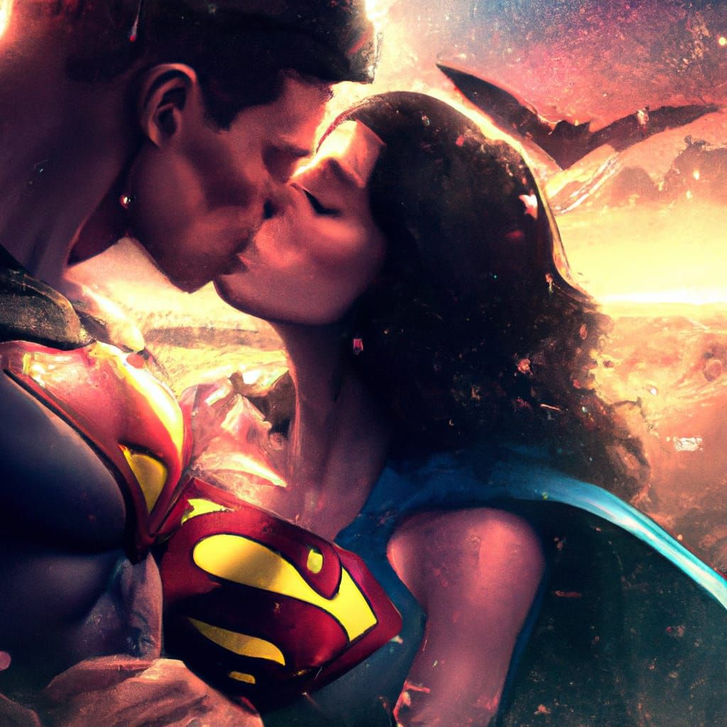 superman and  wonder woman batman in the background looking angry and jealous kissing