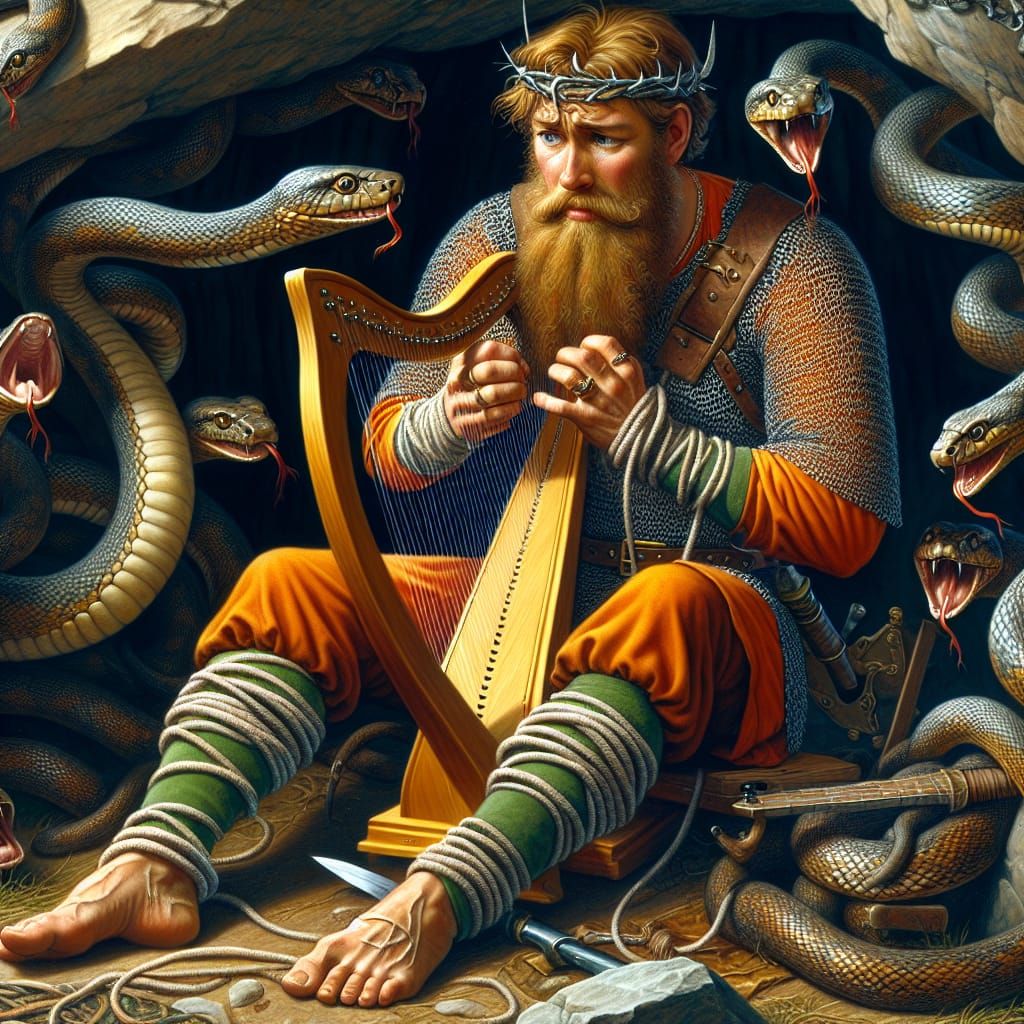 Viking King Plays Harp in Snake Pit