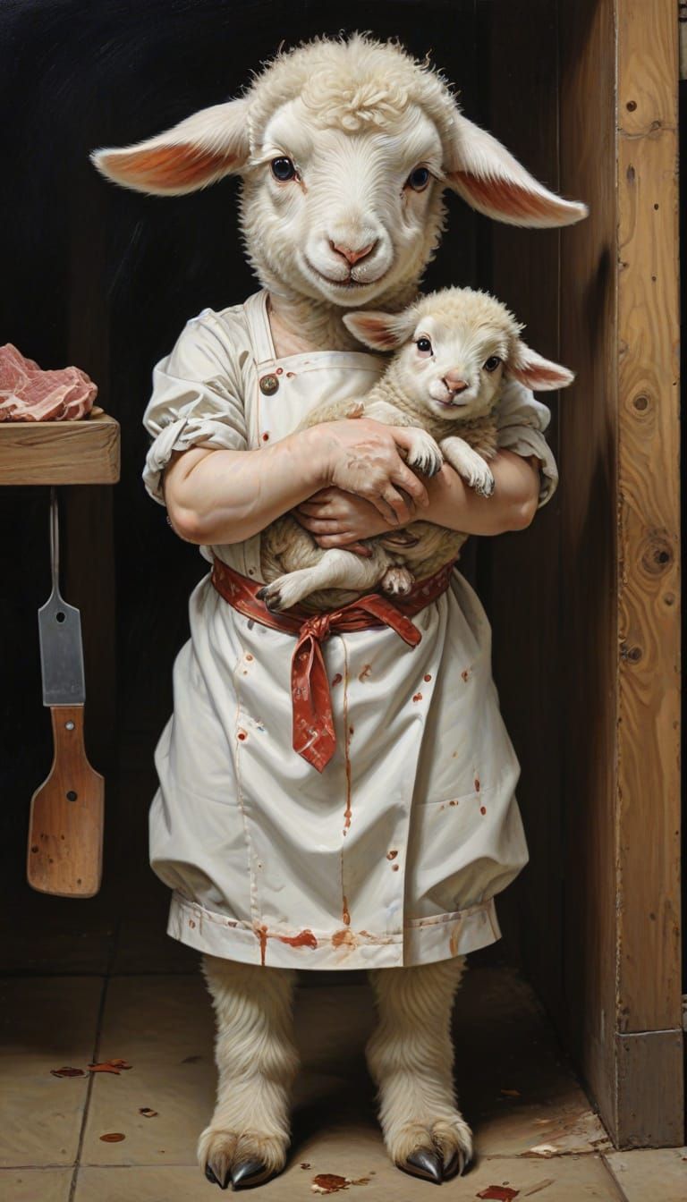 Lamb Butcher with Tattoos in Leyendecker Style