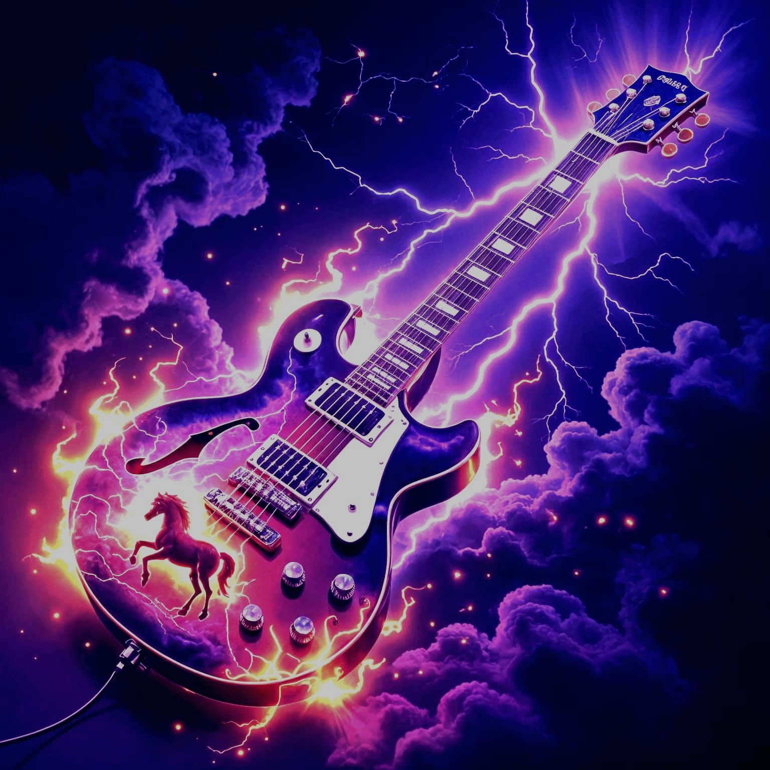 Electric Guitar Ignites with Lightning and Fiery Horse Art