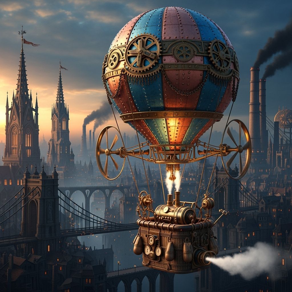 Steampunk Hot Air Balloon Over Gothic Cityscape