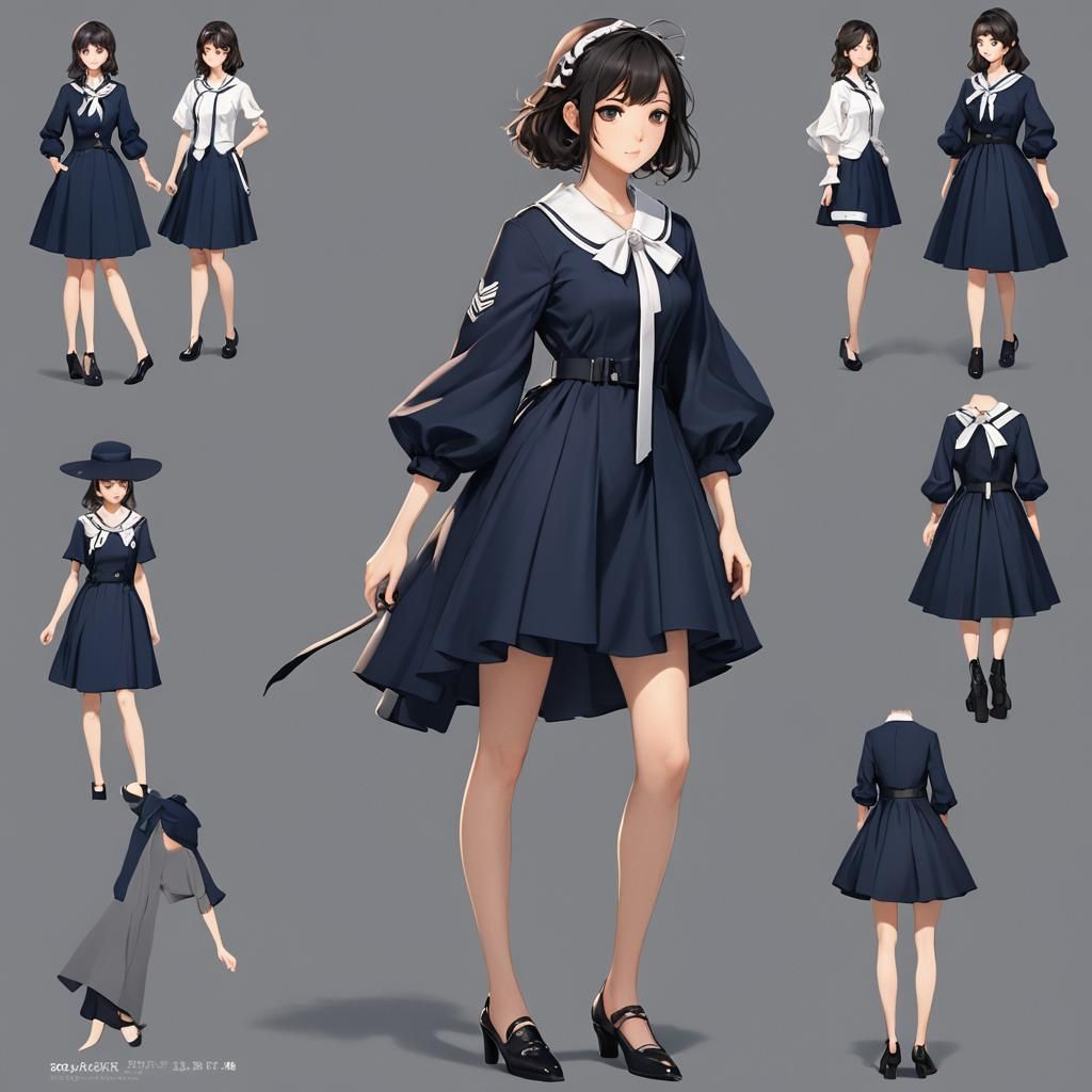 Elegant Navy Dress in 3D Anime Art Style