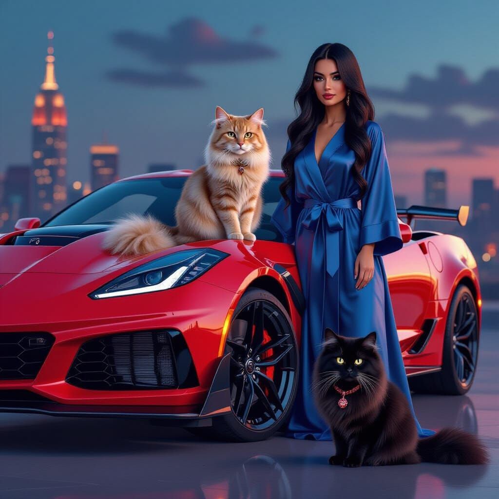 Beige Cat on Corvette with Companion and Black Cat