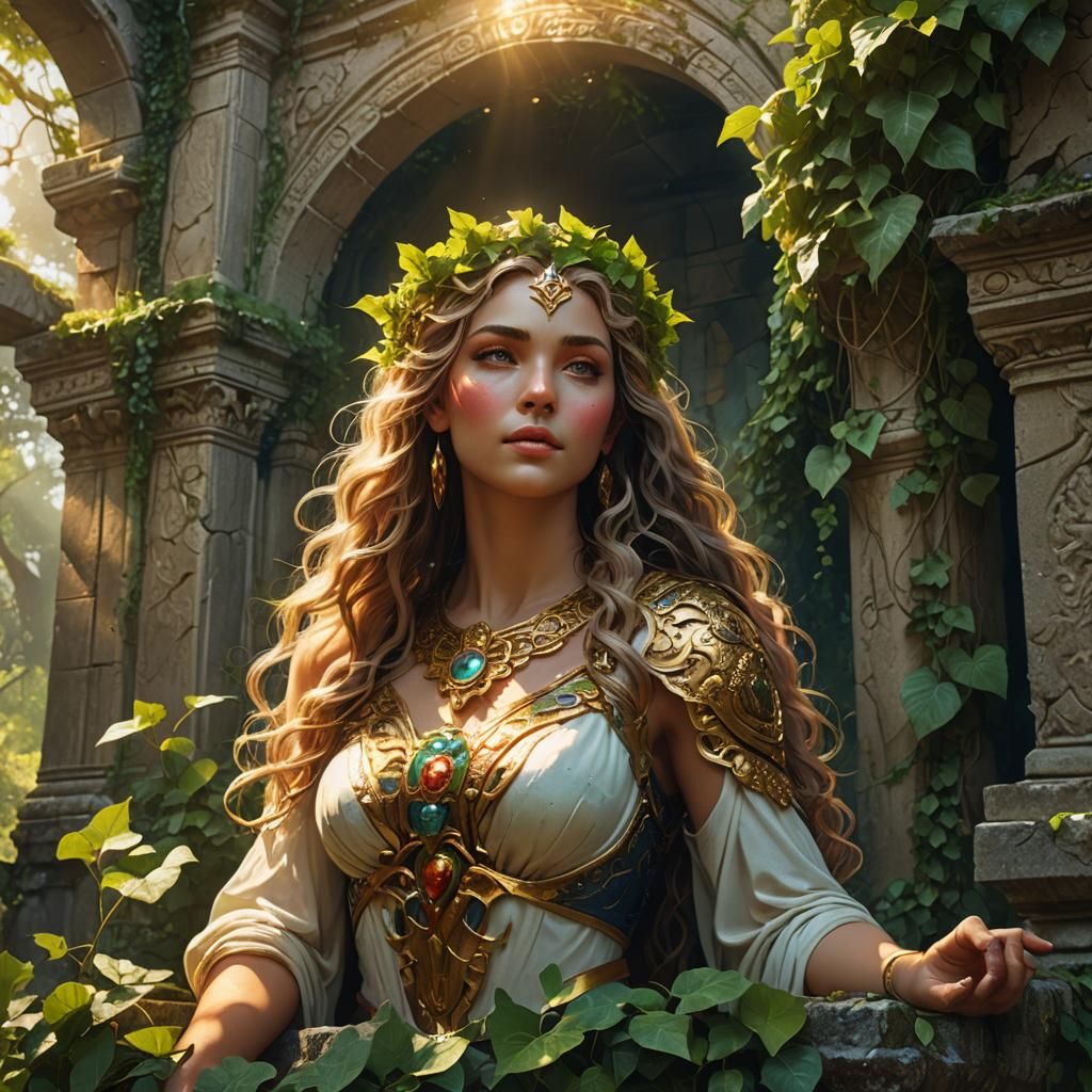 Goddess in Sunlit Ruins: Hyper-Realistic Digital Art