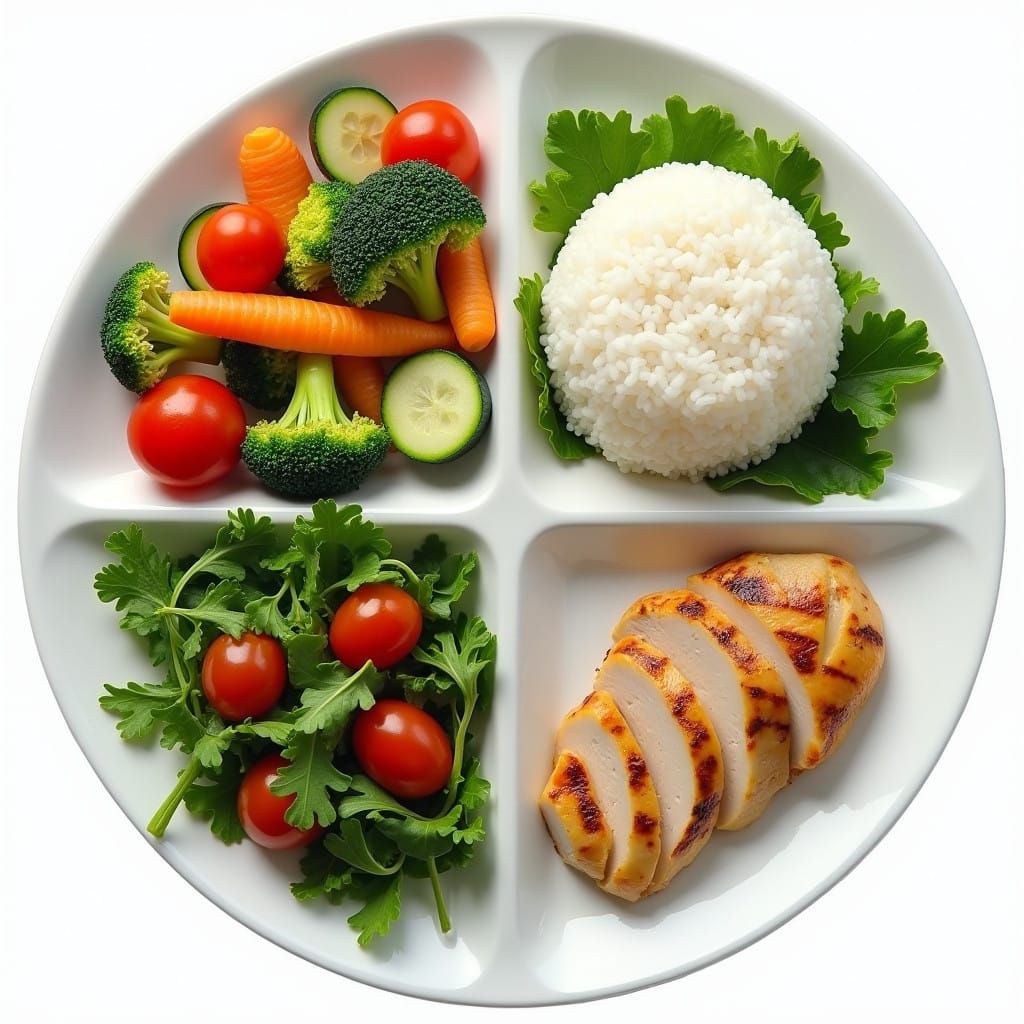 Still Life Plate with Vegetables, Leafy Greens, and Cooked R...