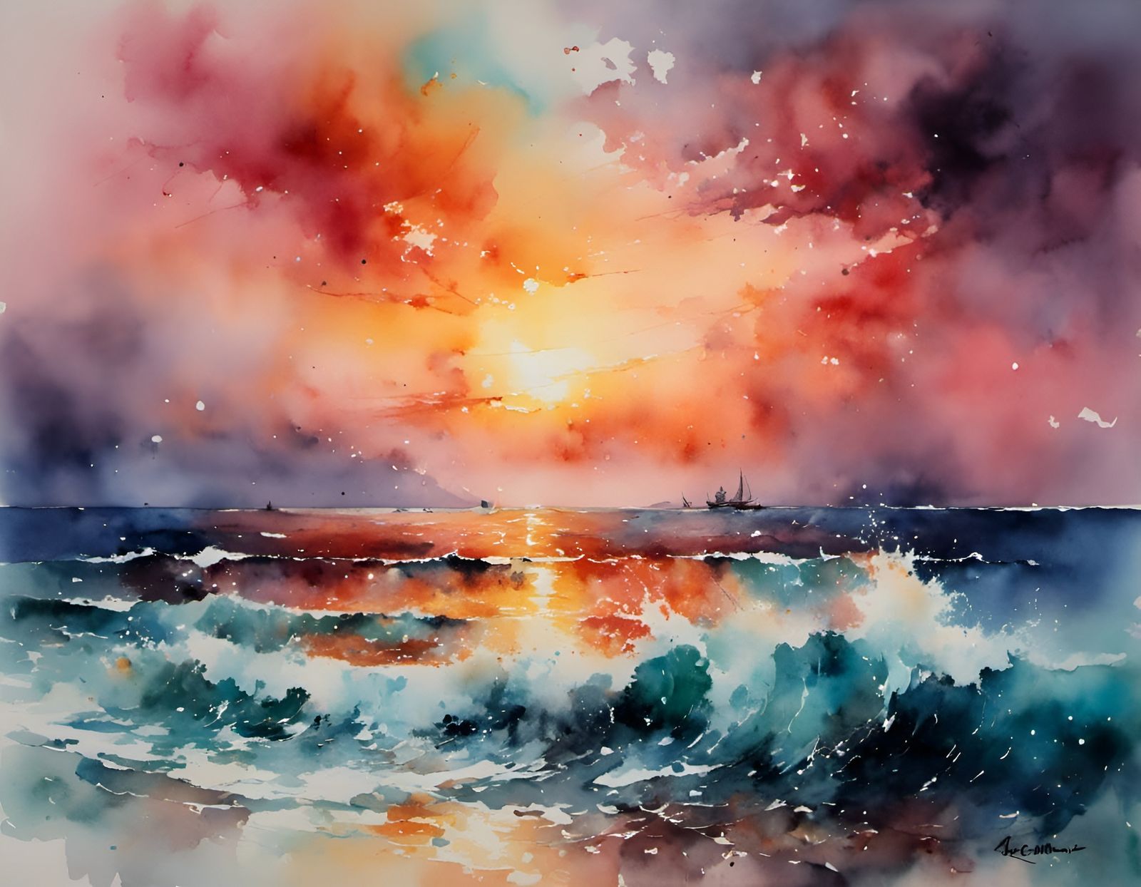 Ocean Sunset in Nacarat Colors, Watercolor Style