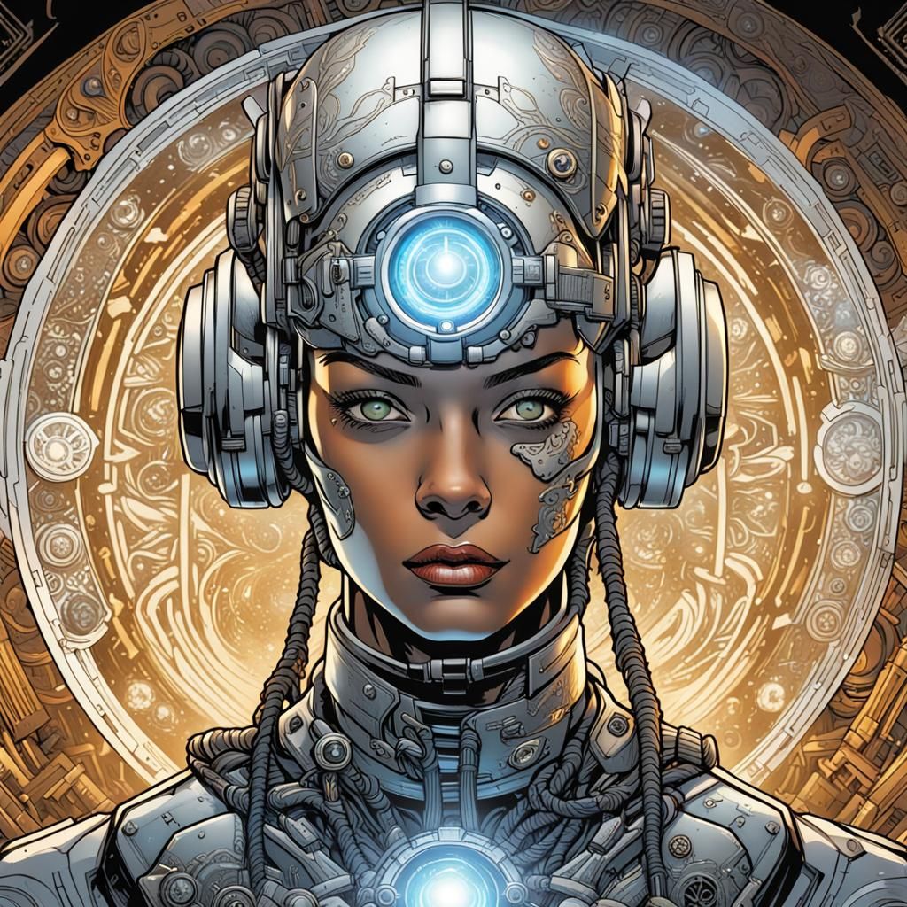 Cyborg Headshot with Sacred Symbols, Comic Book Art