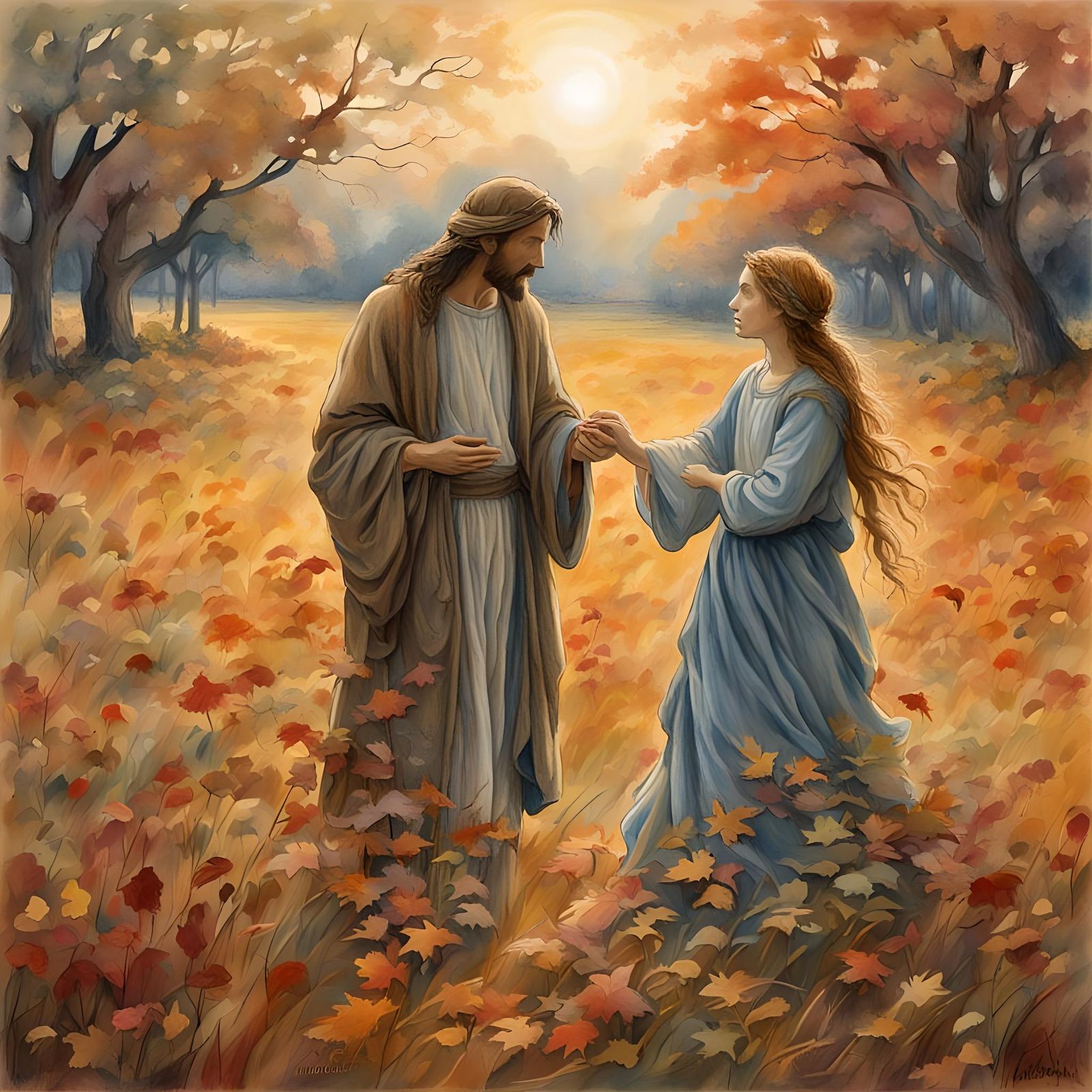Jesus and Mary Magdalene in Autumn Meadow