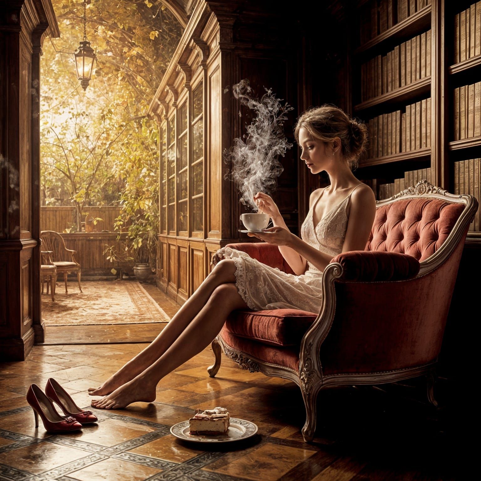 Woman Enjoying Tea in Cozy Impressionistic Style