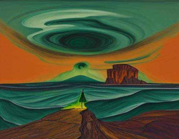 Distorted Figure on Windswept Cliff in Eerie, Turbulent Sky