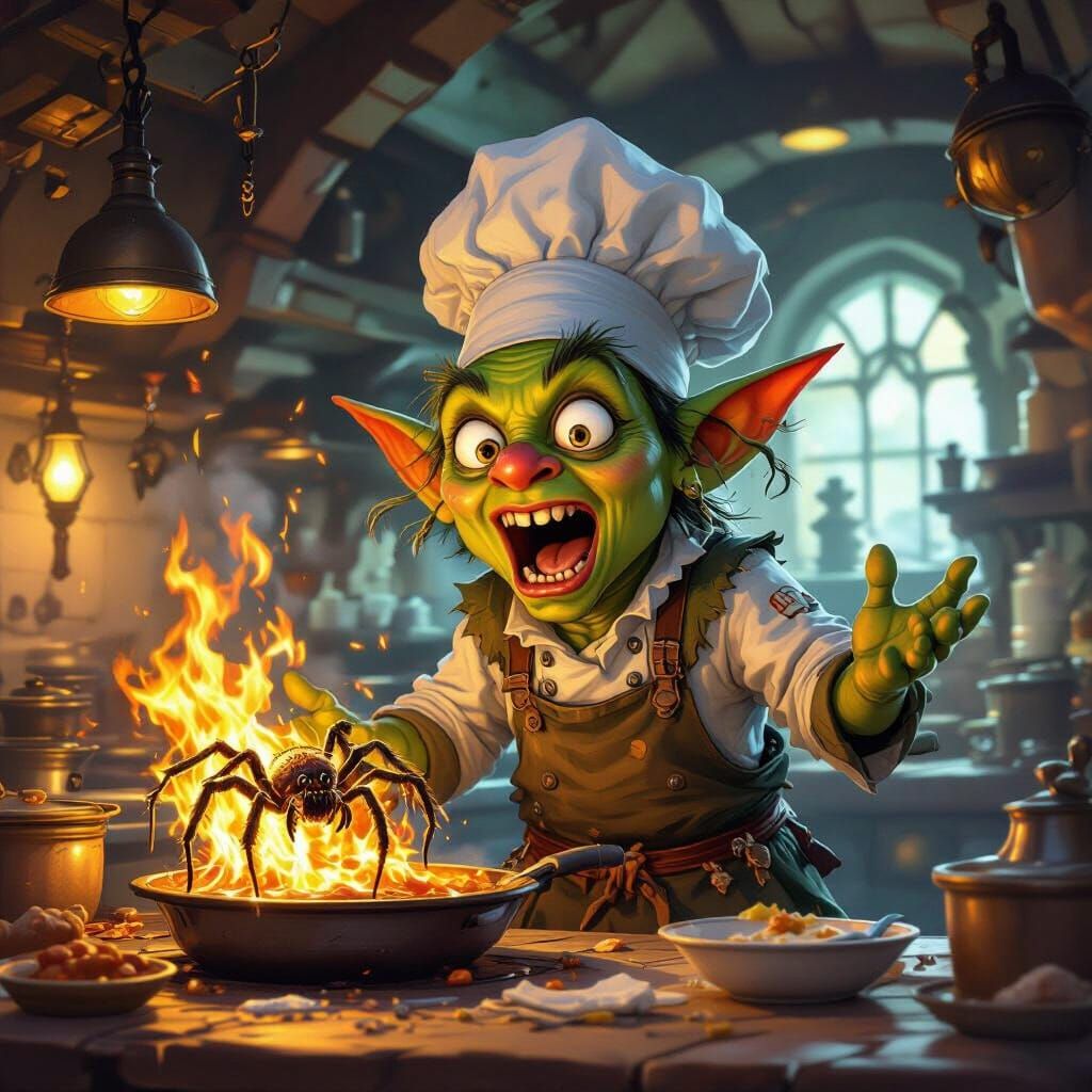 Goblin Chef's Fiery Mishap in Fantasy Tavern Kitchen