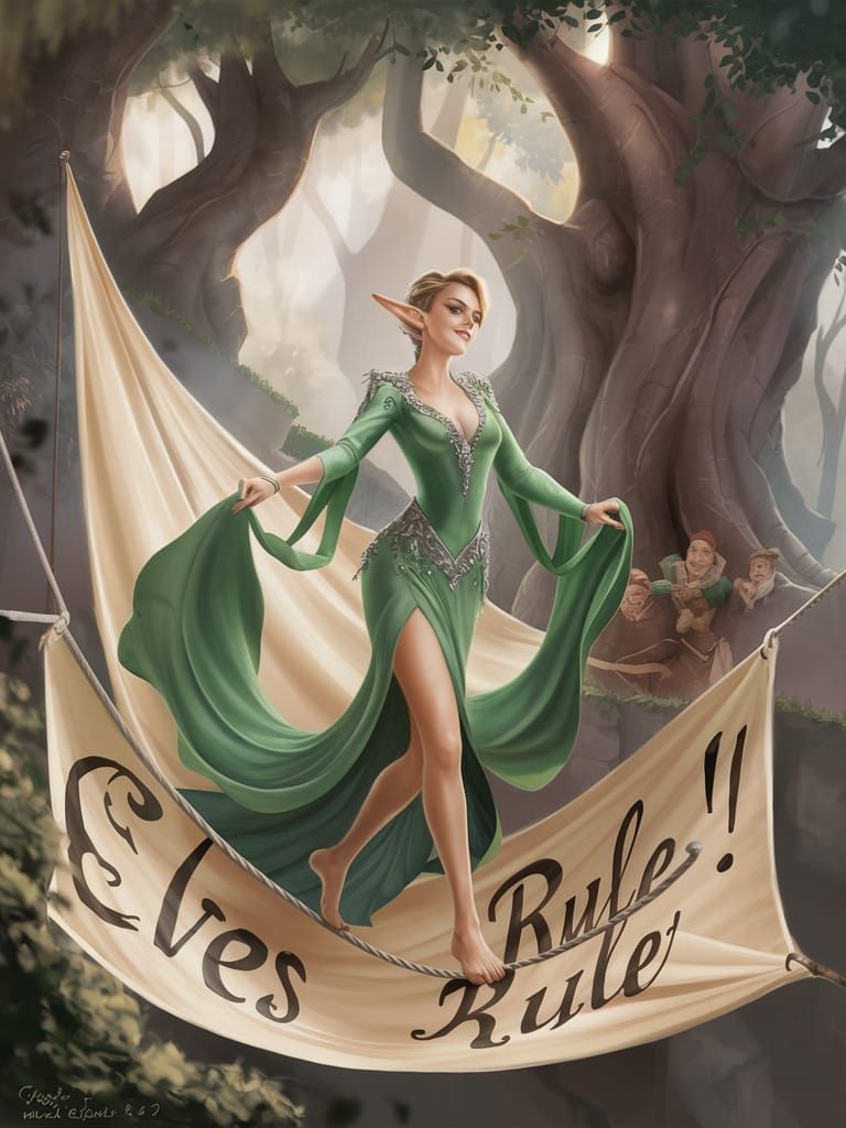 Alluring Elf Woman Walks Tightrope, Surrounded by Nature's S...