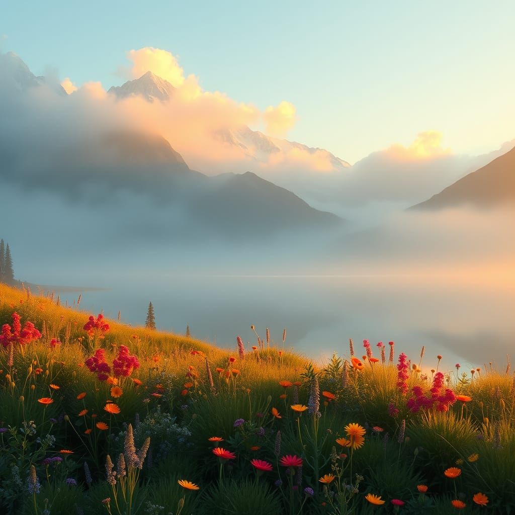 Ethereal Mountain Landscape with Wildflowers