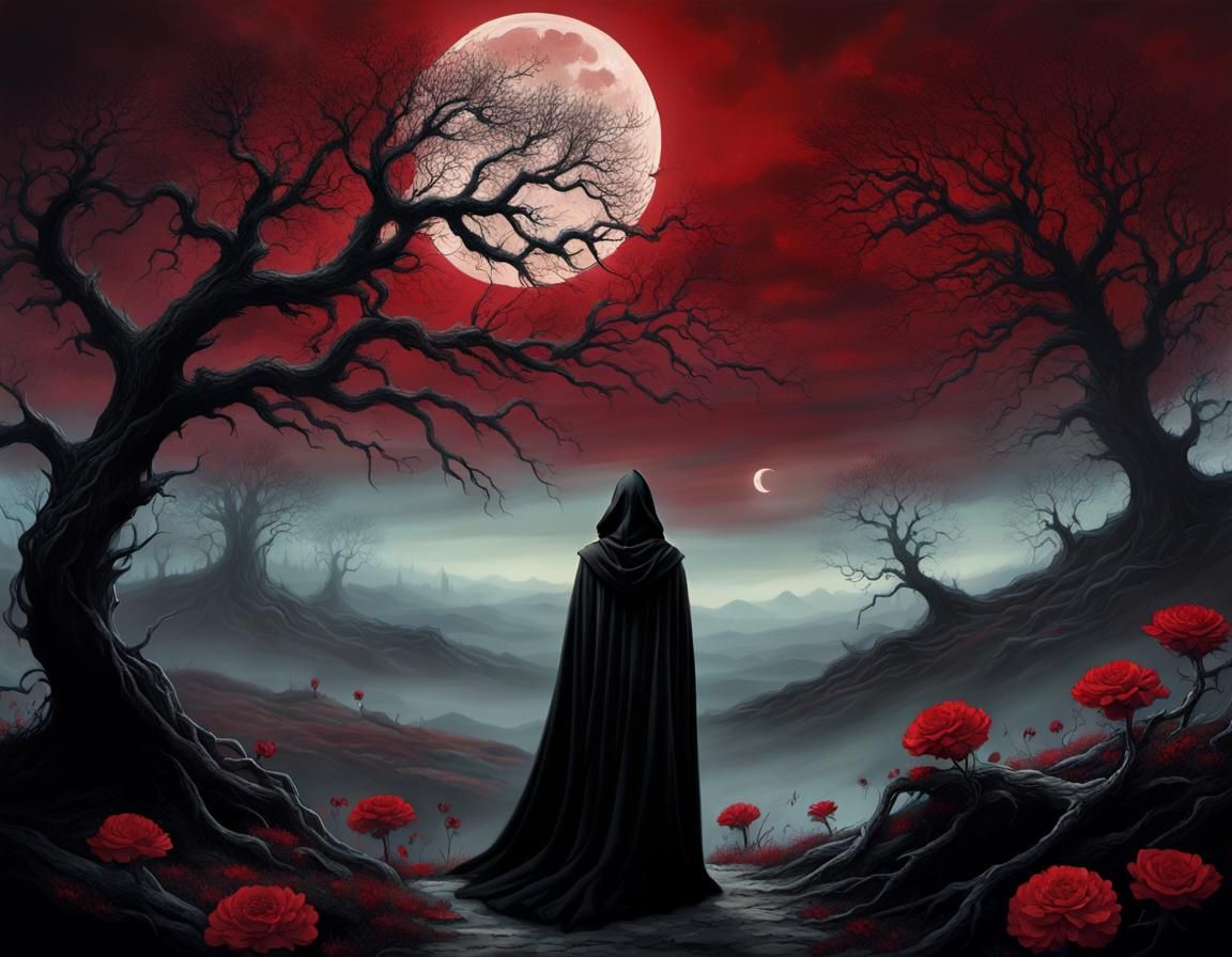 Gothic Fantasy Art: Cloaked Figure in Desolate Landscape
