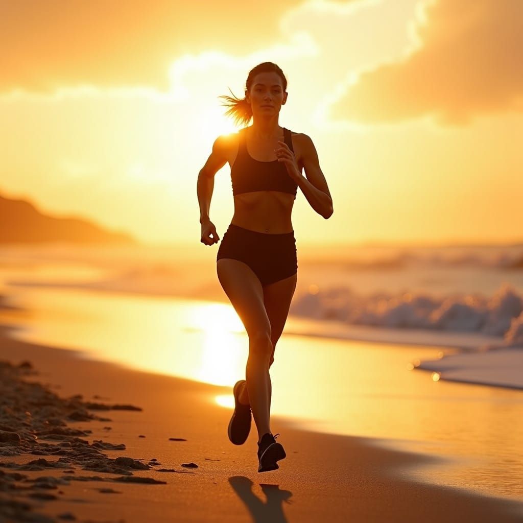 Woman Runs on Beach at Dawn in Cinematic Style