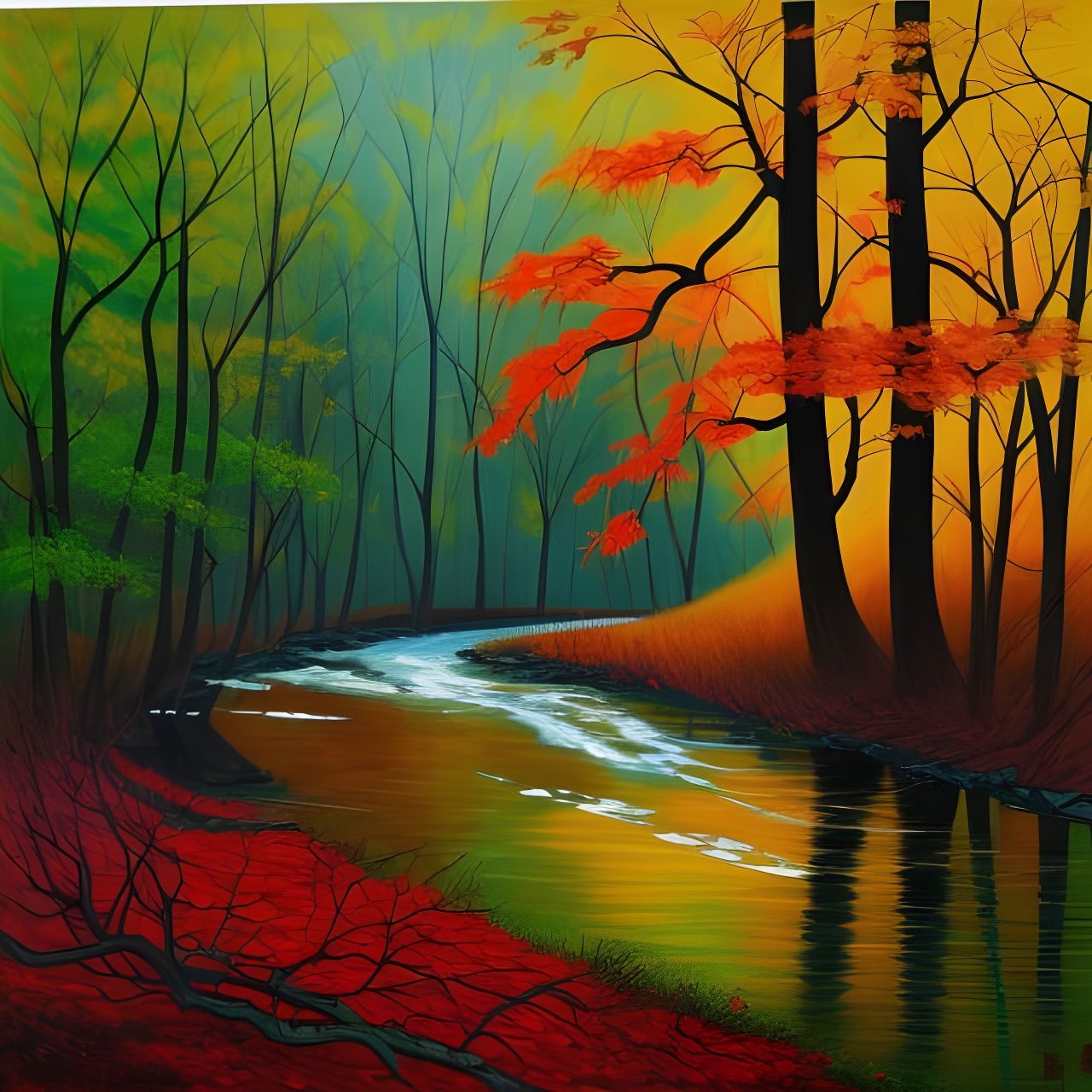 Autumn River: Splash-Color Woodland Painting