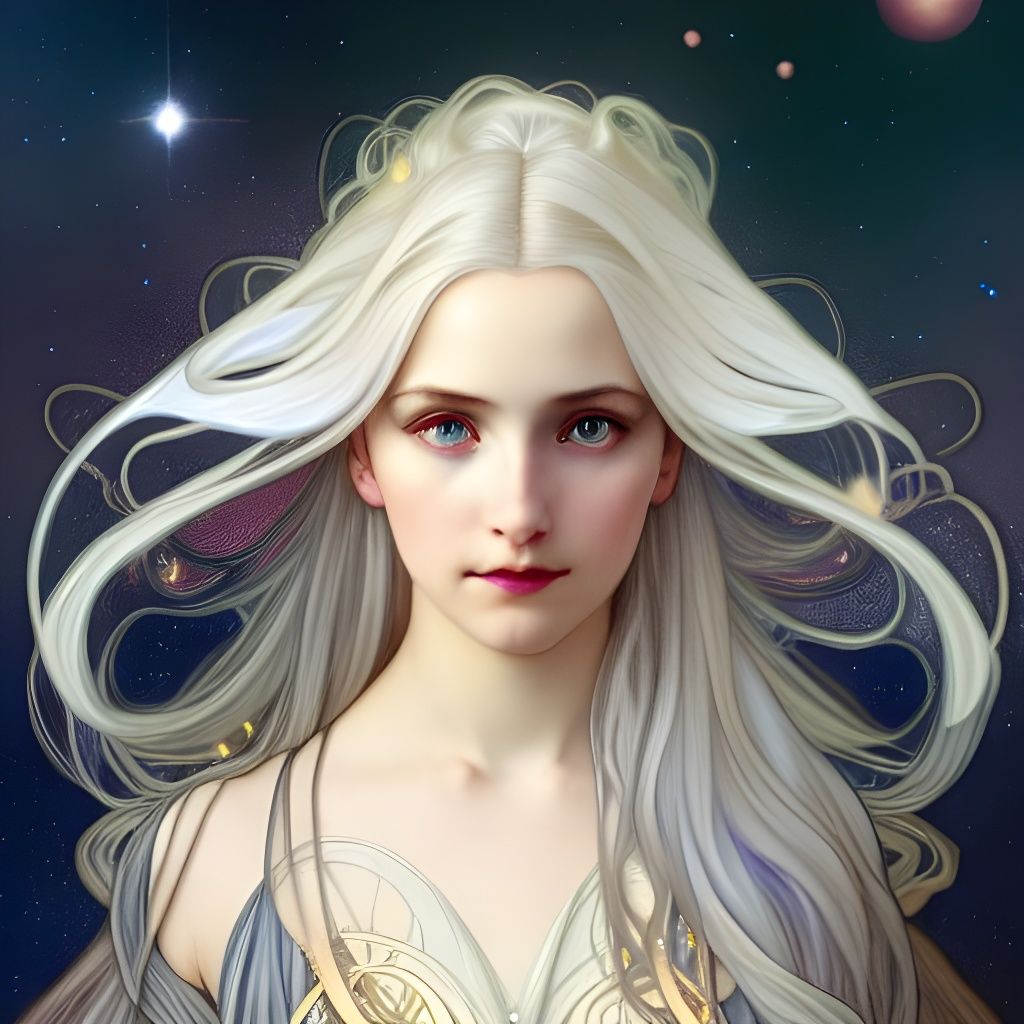 White-Haired Woman Portrait with Starry Art Deco Sky