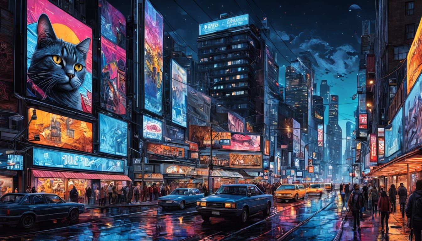 Gigantic 3D Cat Billboard in Comic Book Style