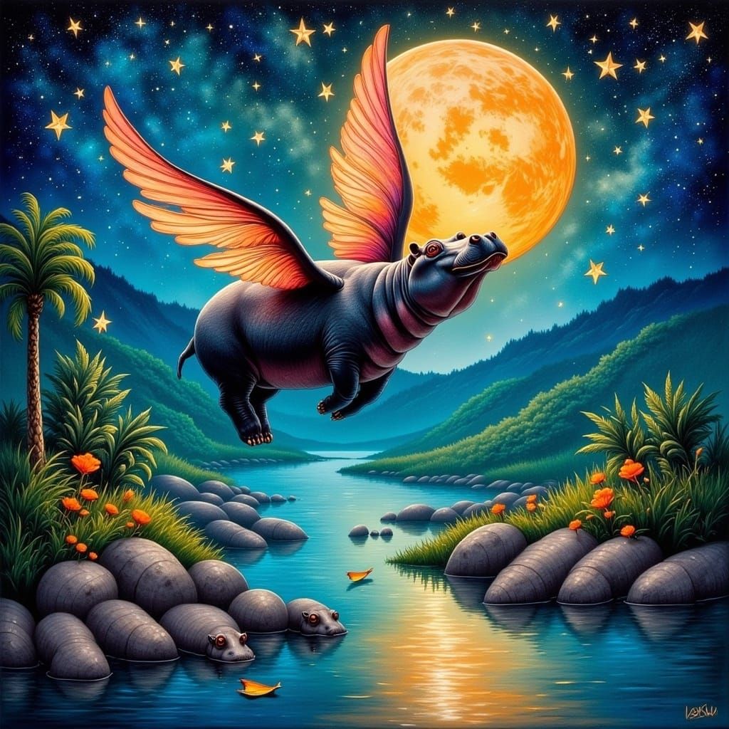 Whimsical Hippopotamus in Dreamy Nighttime Landscape