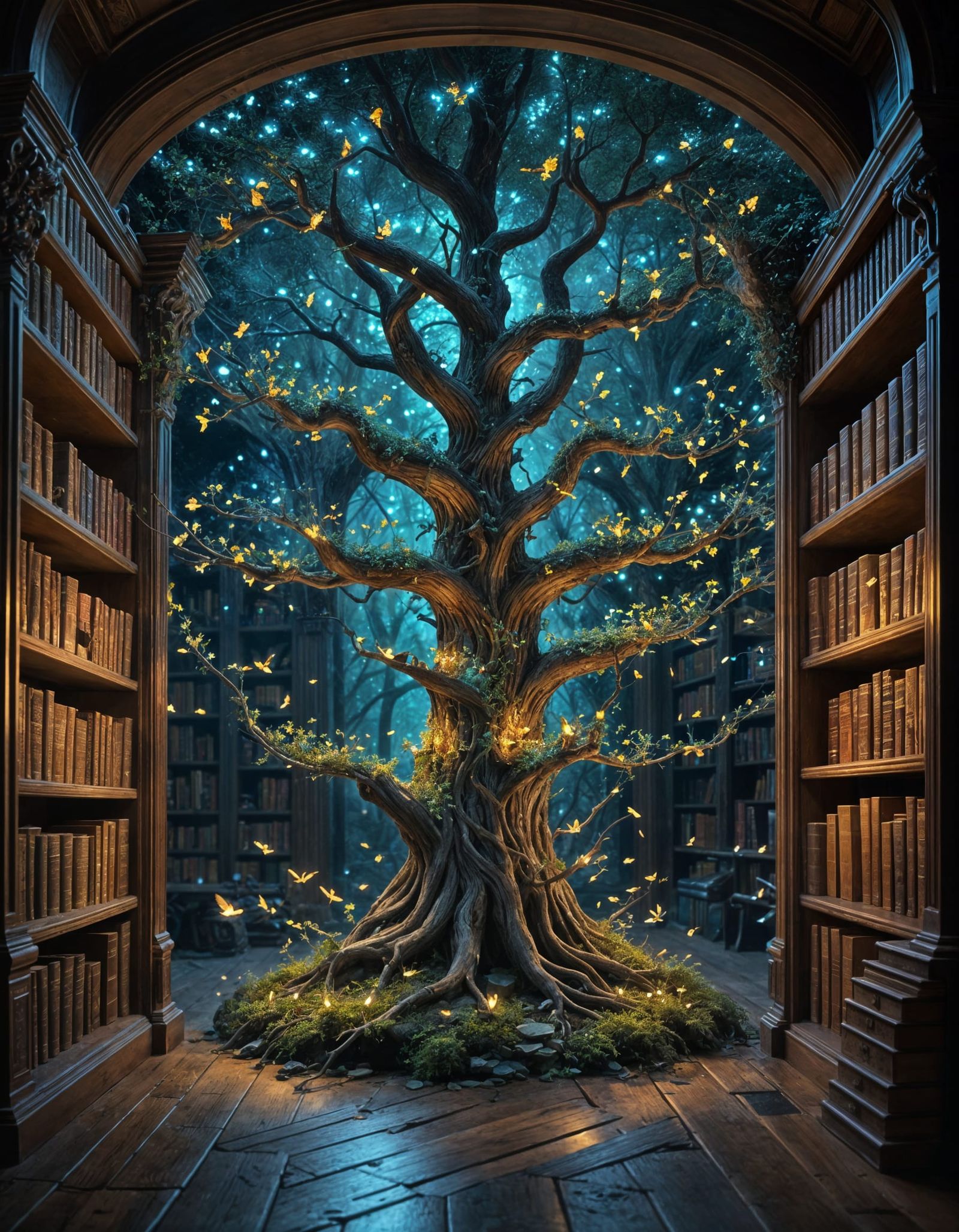 Secret Fairy Tree in Ancient Library, Fantasy Art