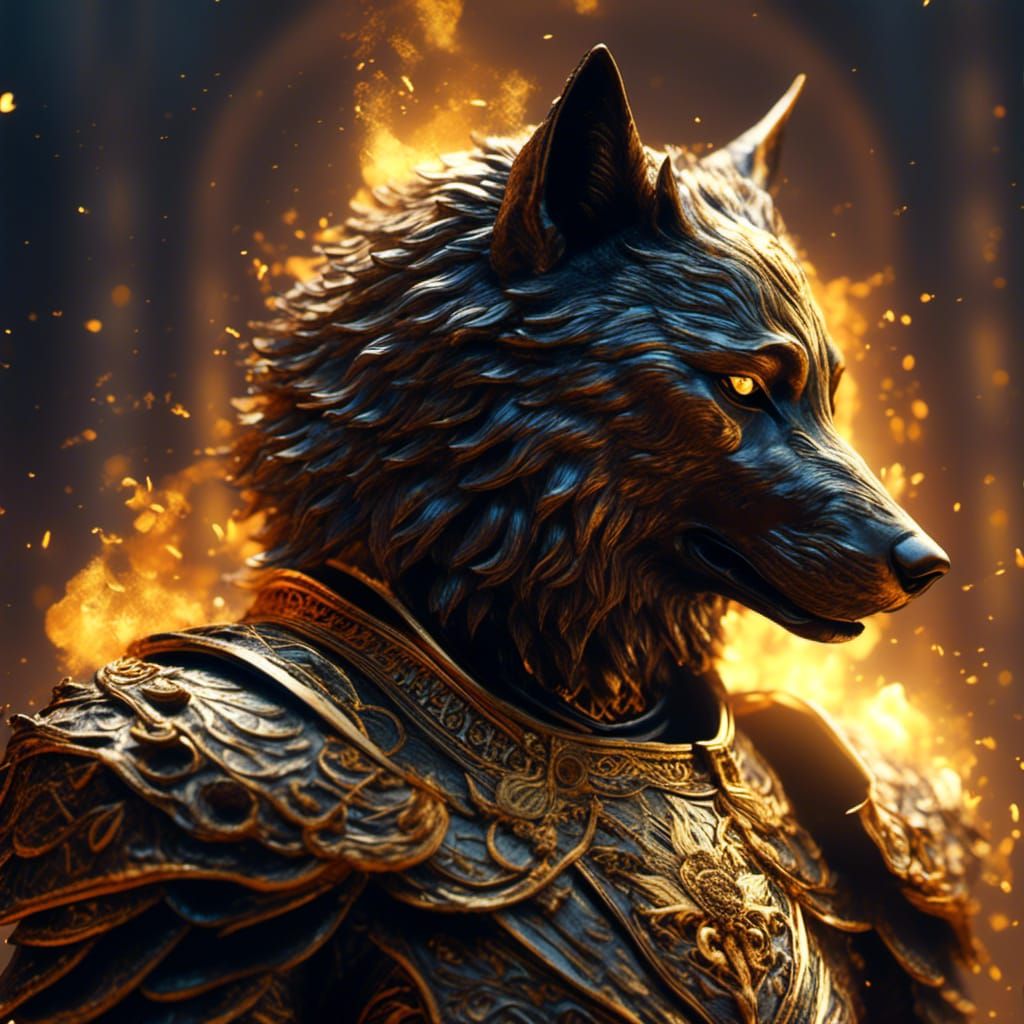 Armored Black Wolf in Firelight: Hyperrealistic Art