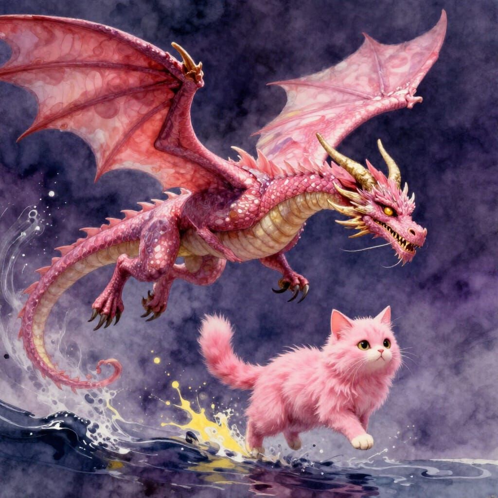 Pink Dragon and Winged Cat in Watercolor Style