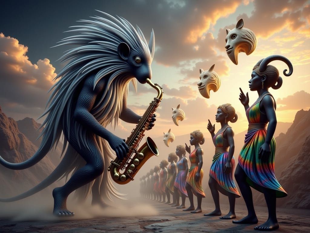 Surreal Cthulhu Saxophonist with African Drummers and Aliens