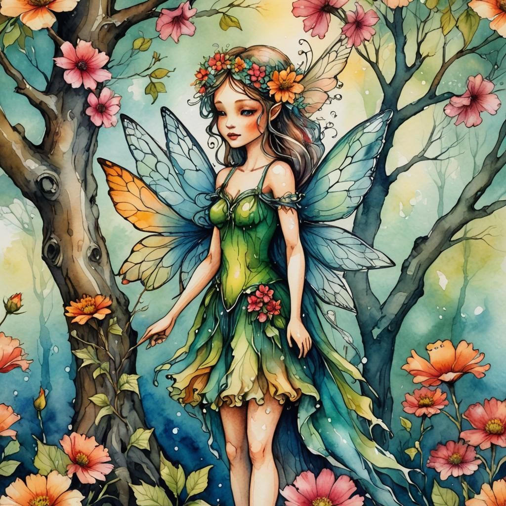 Watercolor Fairy with Flower in Detailed Style