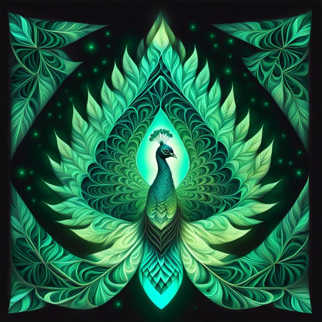 Fractal Peacock Feathers Morphing into Glowing Tree Branches
