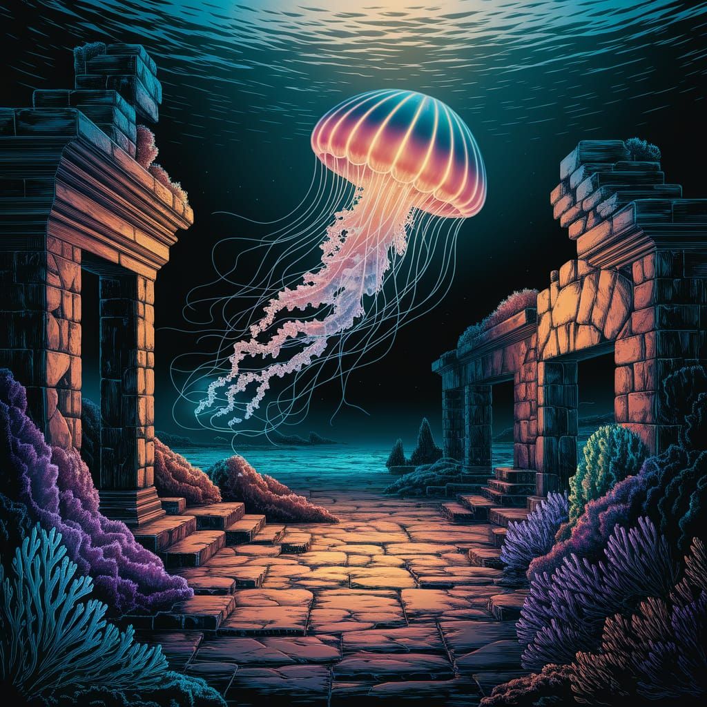 Bioluminescent Jellyfish in Alien Ocean Ruins