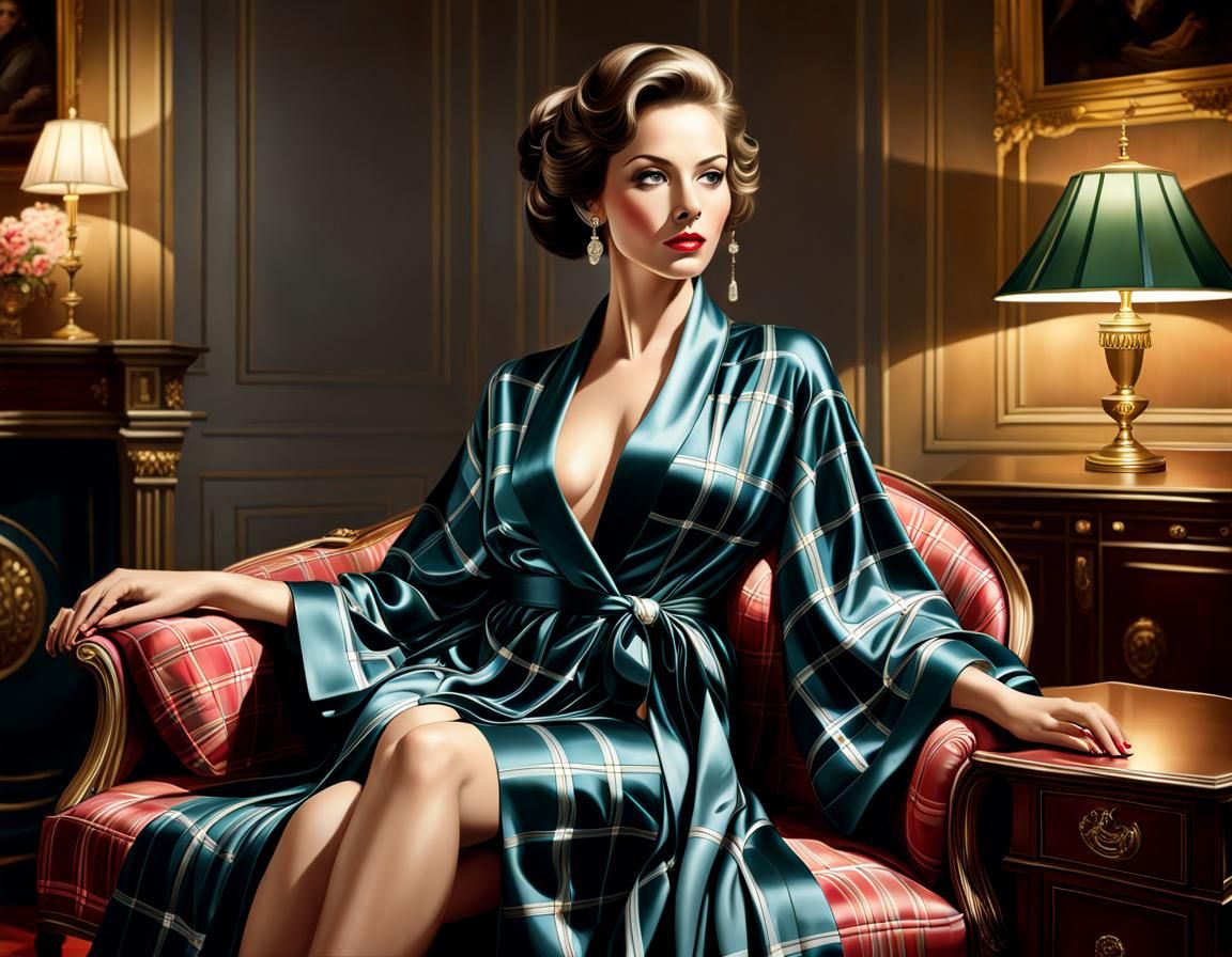 An elegant woman draped in a tasteful plaid satin dressing robe, sitting in repose, the plaid pattern catching the dynam...