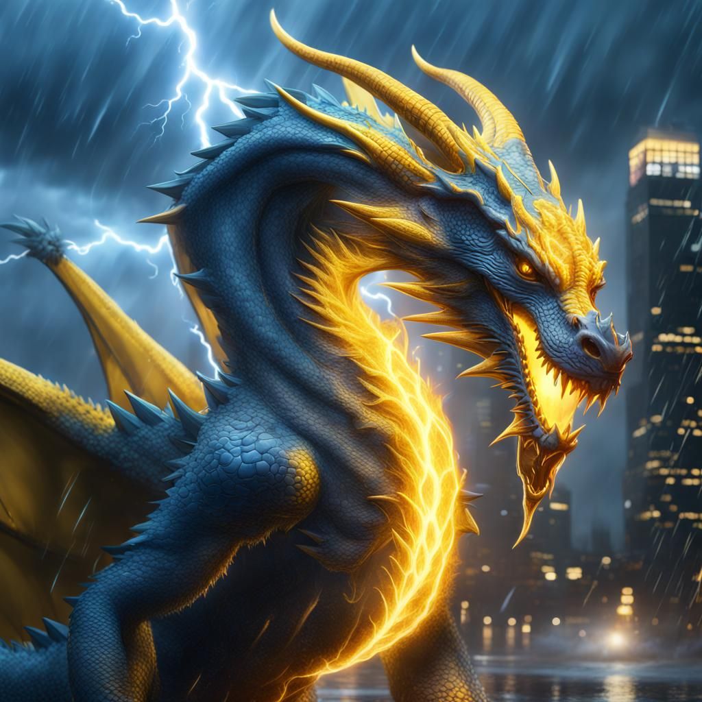 Lightning Elemental Dragon in City Thunderstorm