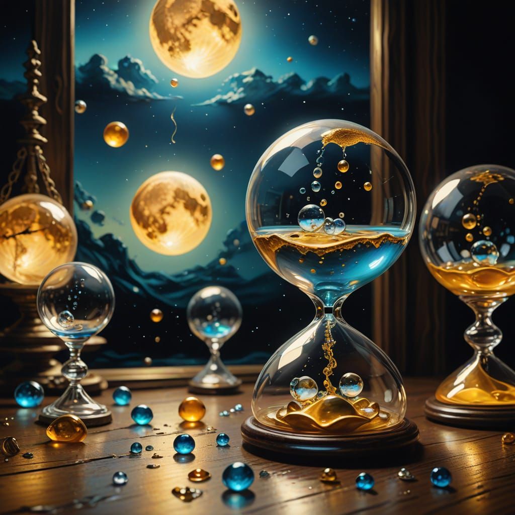 Surrealistic Moons Melt Through Hourglass in Golden Light