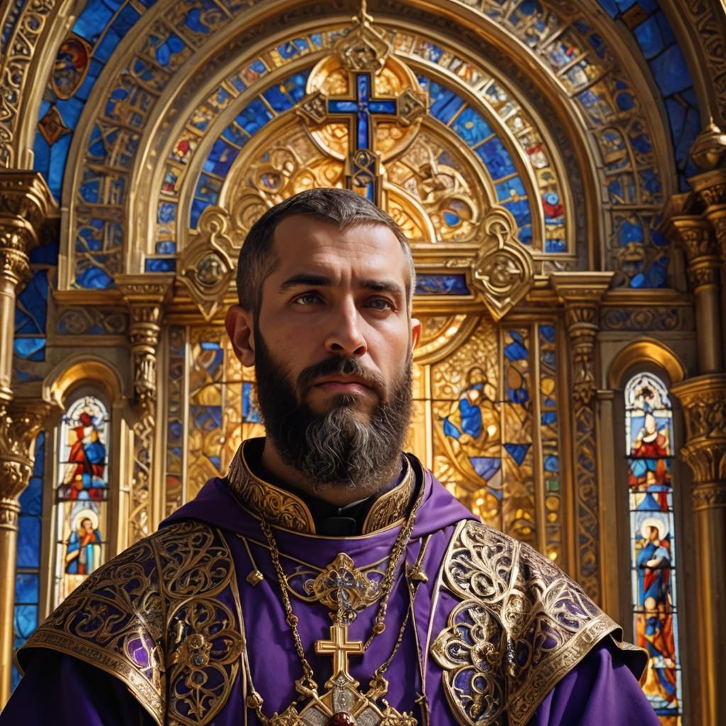 Byzantine Priest Portrait with Golden Orthodox Church