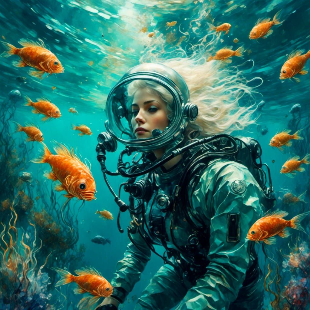 Scuba Diver in Deep Sea: Realistic Marine Oil Painting