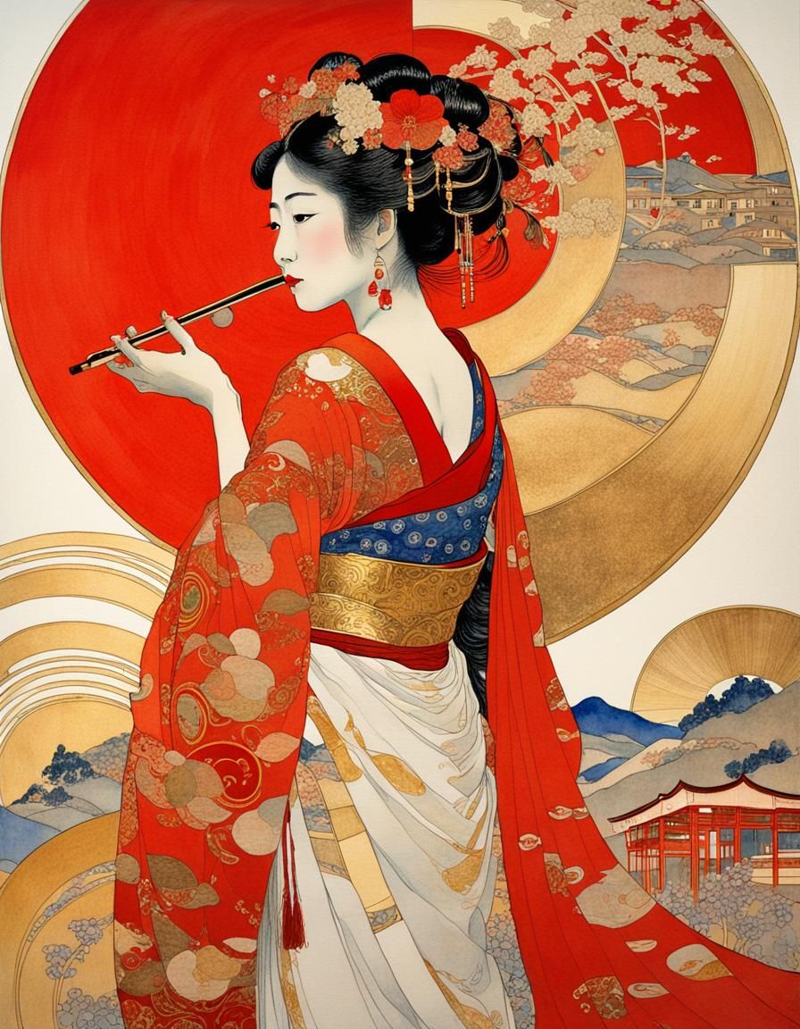 Elegant Geisha in Music House: Watercolor Style
