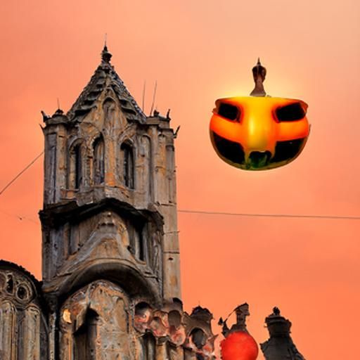 Floating Jack-o-Lantern Over Cathedral in Surreal Style