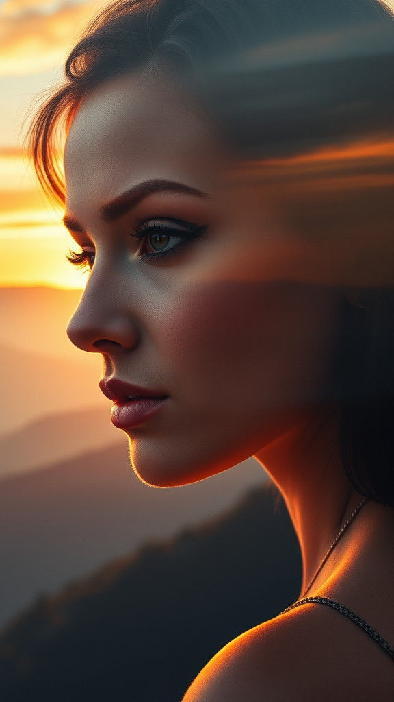 Serene Woman with Mountain Sunrise Double Exposure