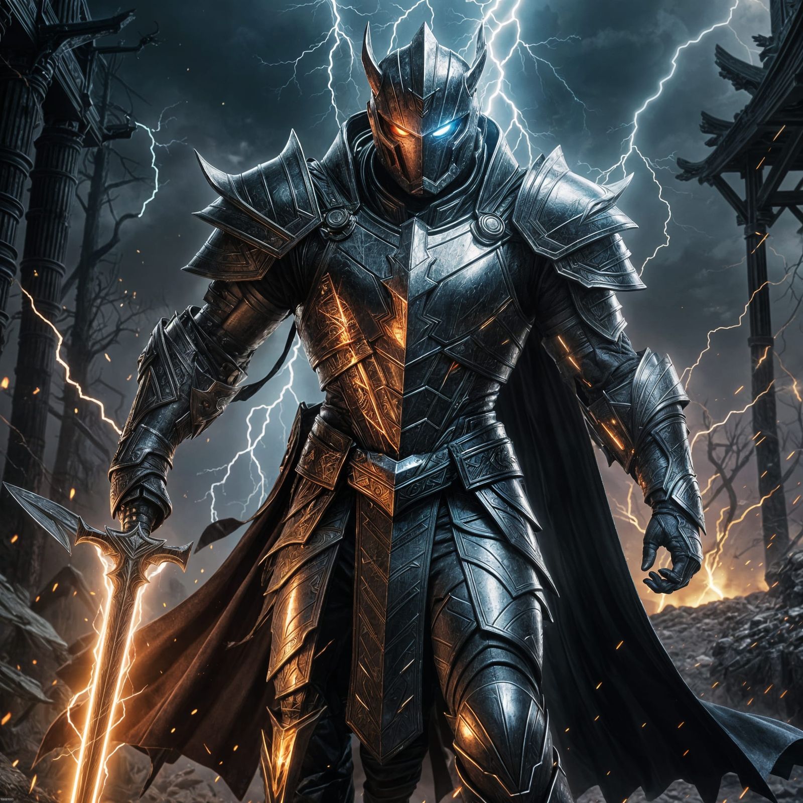 Electric Warrior with Lightning Swords in Dark Fantasy